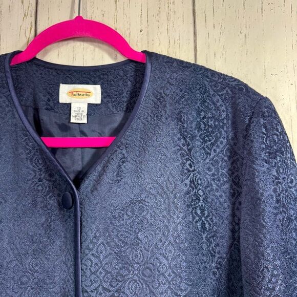 Vintage Talbots Navy Jacquard Silk Trim Blazer Classic Elegant Quiet Luxury - Picture 3 of 13